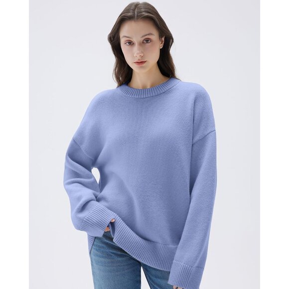 Women Cashmere Blend Oversized Crew Neck Pigeon Blue Soft Warm Pullover Sweater - Picture 4 of 5